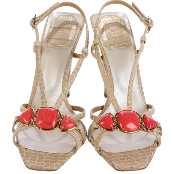 Christian Dior Crocodile Skin, Coral Heels Sandals 36.5 - Picture 1 of 5